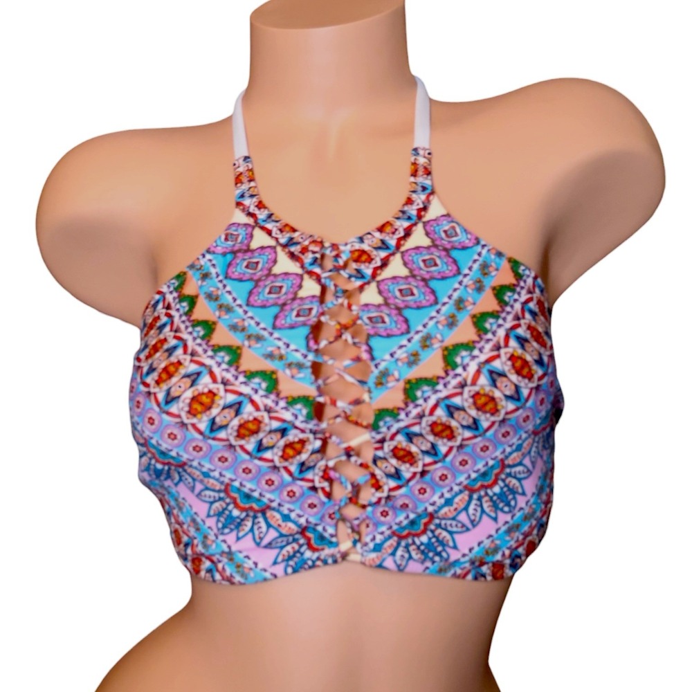 Jessica Simpson Boho Mandala Lace-Up Halter Bikini Top XL Multicolor NWT